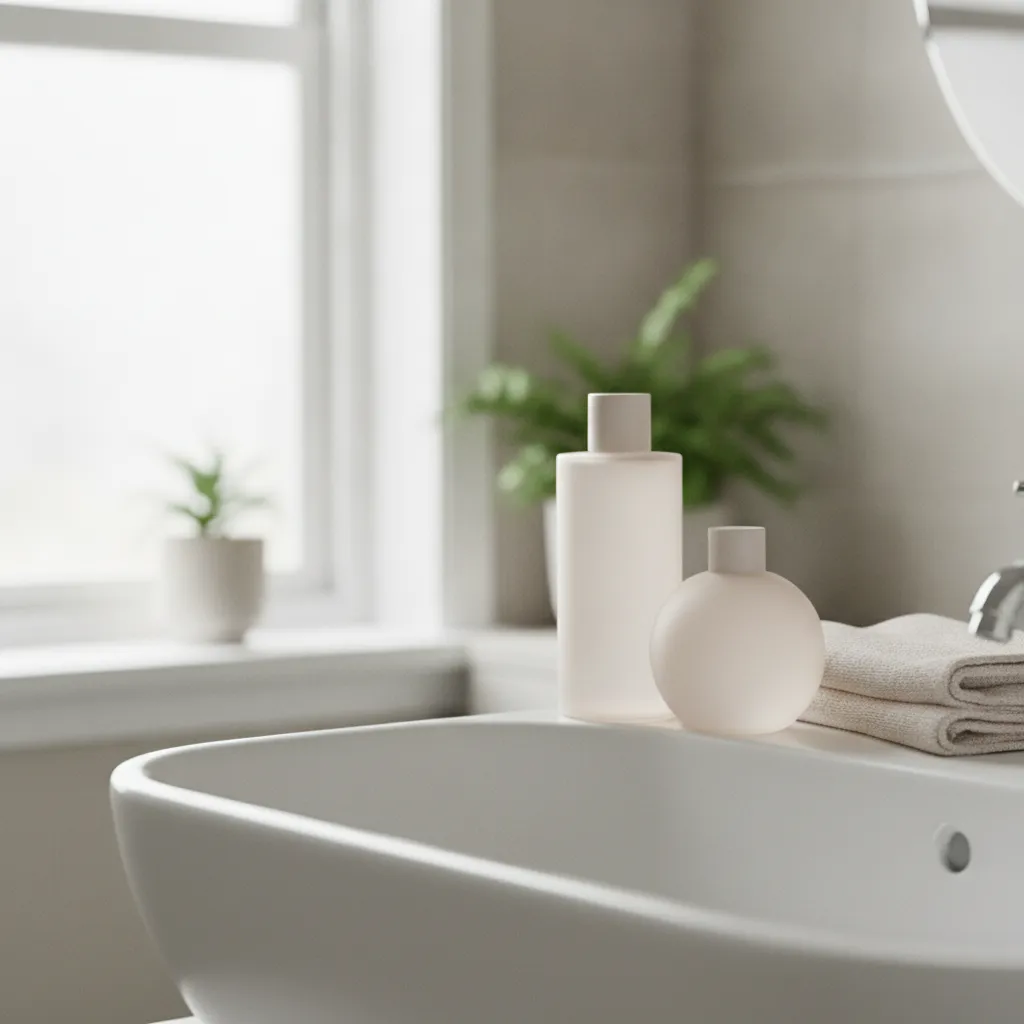 Flacon d'huile démaquillante et gel nettoyant sur un lavabo