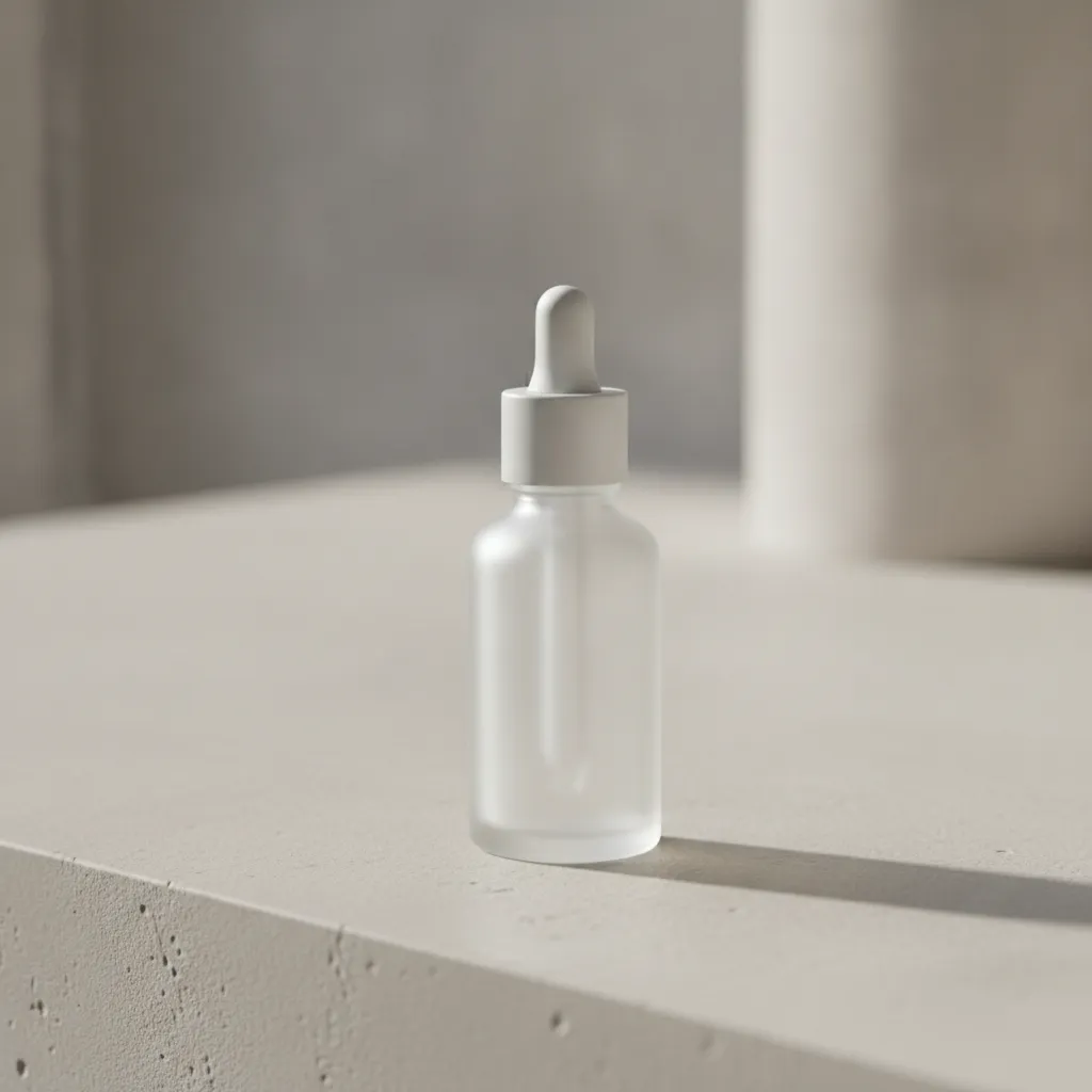 Flacon de sérum blanc opaque sur fond neutre