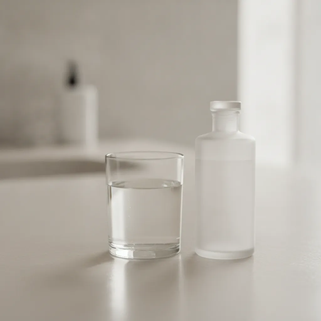 Verre d'eau posé près d'un flacon de soin sur fond clair